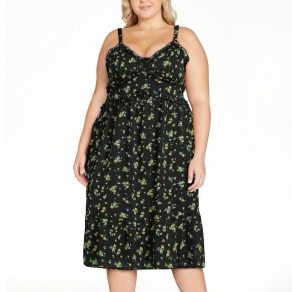 Walmart No Boundaries Size 2X Black Floral Midi Dress - Picture 2 of 9